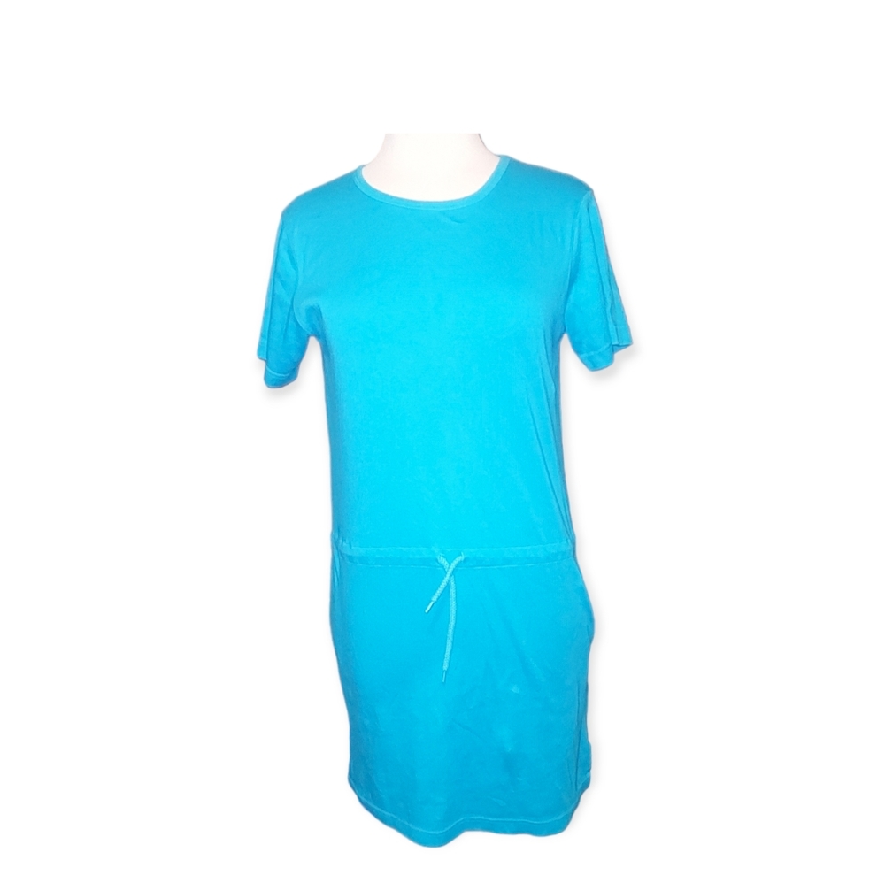 Lands End Dress S 6-8 Womans Midi Blue Pockets Short Sleeve. Dimensions …